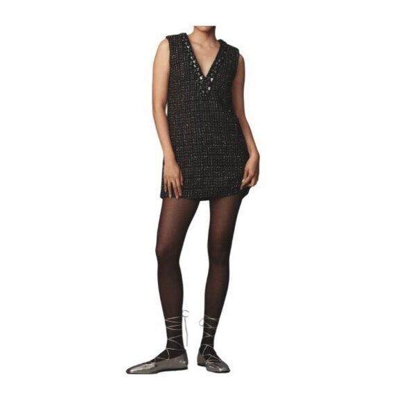 Maeve Anthropologie Sequin Embellished V-Neck Tweed Mini Dress Black Size XS - Picture 3 of 8